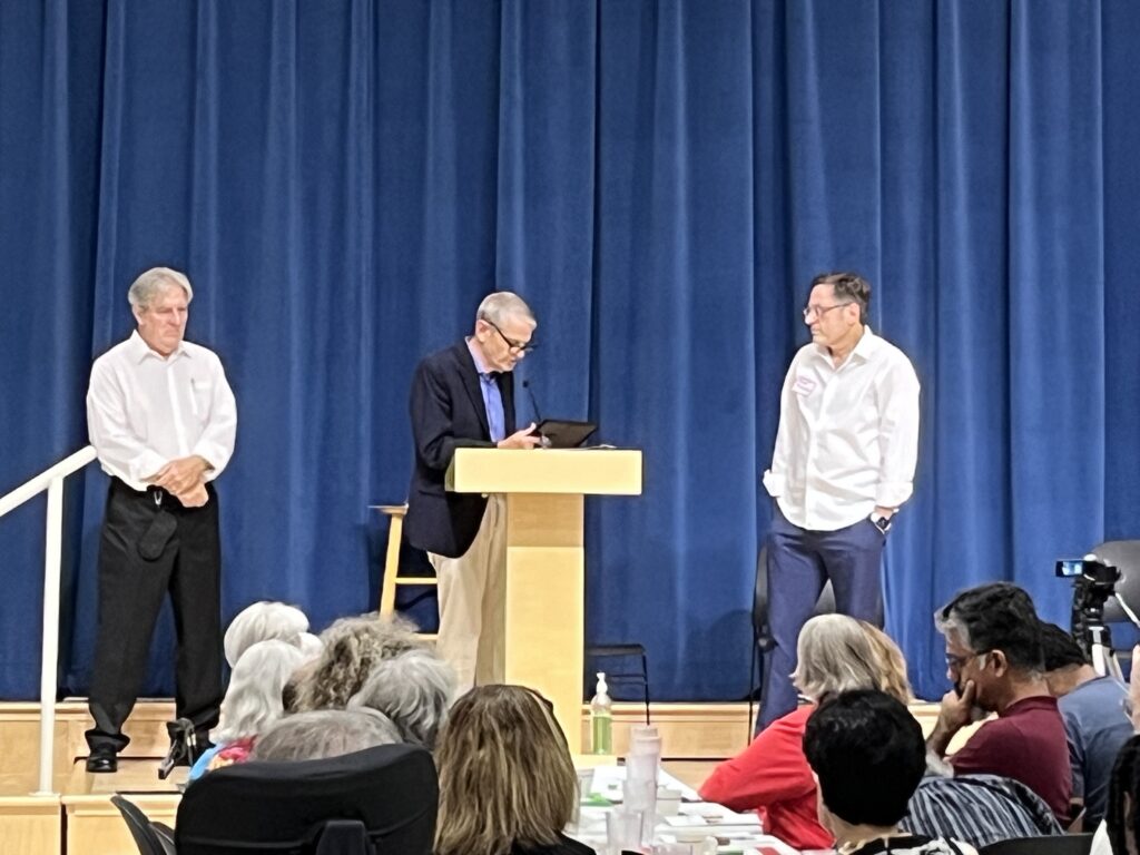 Joe Cicero (left) & Joe Burton (center) of the NCPA Board present the 2024 Peacemaker Award to Dr. Mark Perlmutter.